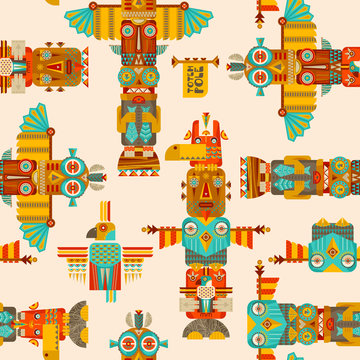 Multi-colored totem poles. Seamless background pattern.