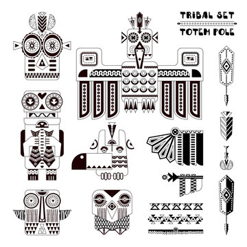 Black and white tribal set. Set of stylized indian totem pole elements.