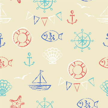 Vector seamless pattern with anchor, fish, boat, shell, gull and