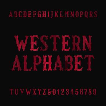 Western vintage alphabet font. Distressed serif letters and numbers. Retro vector typography for your design.