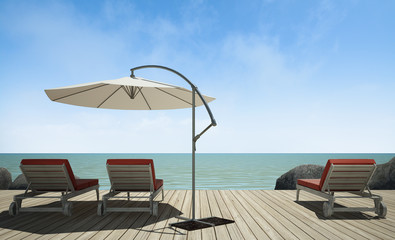 daybed with umbrella on  wooden terrace at sea view, 3D rendering image