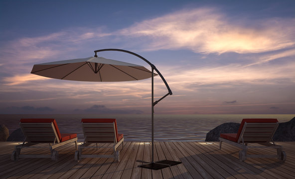 daybed with umbrella on  wooden terrace at twilight sea view, 3D rendering image