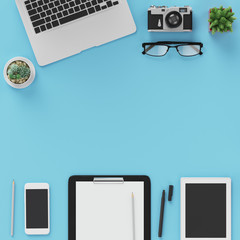 Minimal work space : Laptop,camera,coffee,cactus,eye glasses, pen ,pencil, notebook , smart phone , stationery on pastel blue background for copy space. flat lay , top view