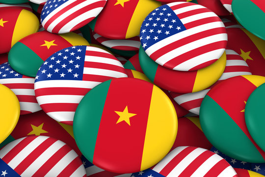 USA and Cameroon Badges Background - Pile of American and Cameroonian Flag Buttons 3D Illustration