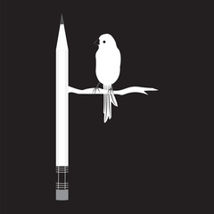 pencil bird on a branch of a black and white illustration art nouveau creative vector minimalism flat style,