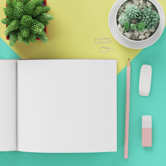 Creative flat lay workspace with book , pencil , rubber , cactus , pastel concept.