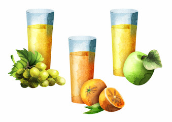 Apple, orange and grape juice. Watercolor set
