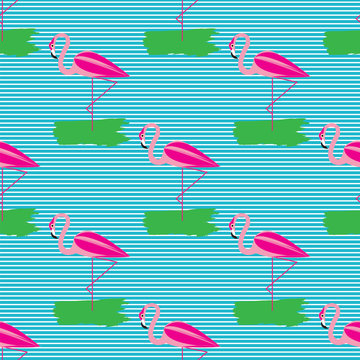 Pink flamingos on a blue striped background pattern vector art creative