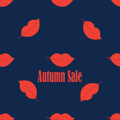 tree leaves in the shape of red lips lettering Autumn sale abstract creative modern vector blue background pattern