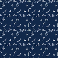 Christmas pattern attributes sled snowflake tree toy tree branch staff boot coffee mug handmade background blue ink vector
