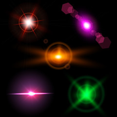 Set of sparkle lights with transparency effects. Collection of beautiful bright lens flares.