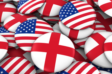 USA and England Badges Background - Pile of American and English Flag Buttons 3D Illustration