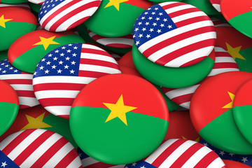USA and Burkina Faso Badges Background - Pile of American and Burkinabe Flag Buttons 3D Illustration