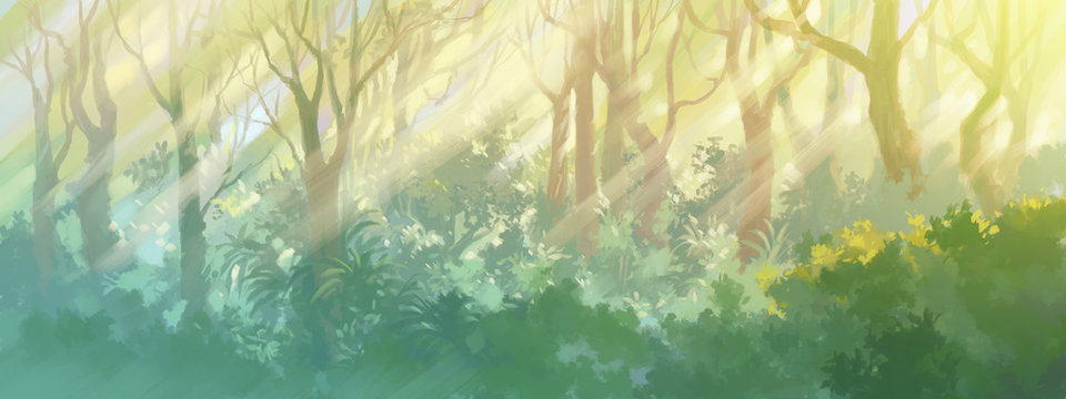 sunrise in the morning forest painting