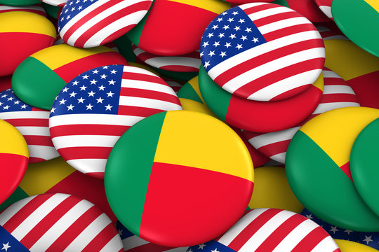 USA and Benin Badges Background - Pile of American and Beninese Flag Buttons 3D Illustration