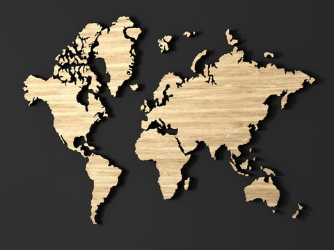 wooden map of the world on a dark background 3d