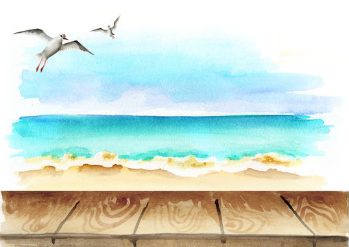 Seaside background. Watercolor template