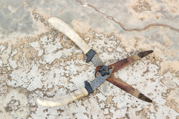 Obraz premium old grass shears on cement floor
