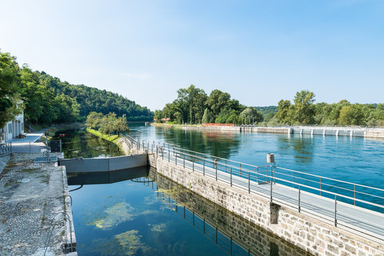 Canal Villoresi at the dam of Panperduto, in Ticino Park, Somma Lombardo, Italy