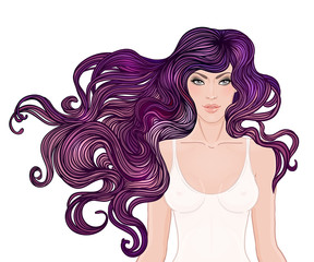 Beautiful Caucasian girl with long curly hair. Vector illustrati