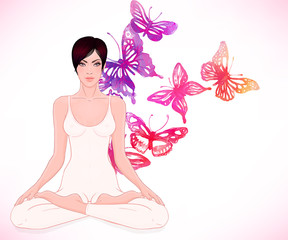 Beautiful Caucasian Girl with long hair sitting in Lotus pose wi