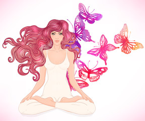 Beautiful Caucasian Girl with long hair sitting in Lotus pose wi