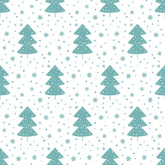 Seamless pattern with snowflakes and trees.
