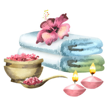 Spa relax with bath salts, flower and aromatic candles on a white background