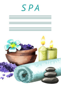 SPA treatment with aromatic candles, bath salt and massage stones. Watercolor template on white background
