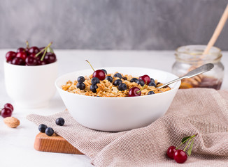 Healthy breakfast ingredients. Homemade granola.