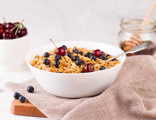Healthy breakfast ingredients. Homemade granola.