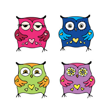 Set of cute owls,isolated on white background