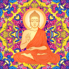 Sitting Buddha over ornate mandala round pattern.