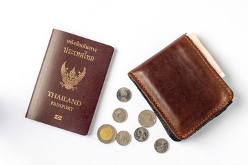 top view wallet and passport on white background