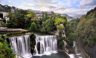 Fototapeta na wymiar Waterfalls in city Jajce, Bosnia and Herzegovina