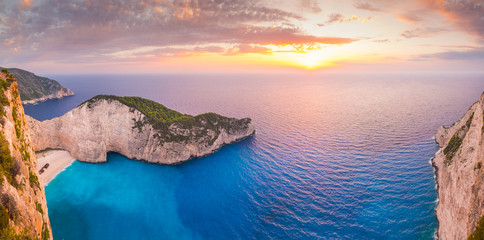 Panoramic landscape view of famous Shipwreck beach in Zakynthos
