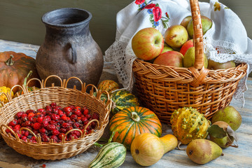 Still life in a rustic style. Harvest. Natural light from the window.