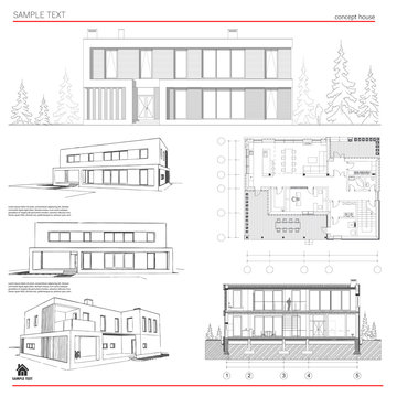 Wireframe blueprint drawing of 3D building, house. Vector architectural template background.