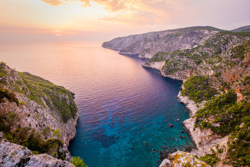 Ocean coastline landscape view at sunset, Zakynthos island