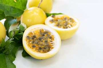 Passion fruit on white table
