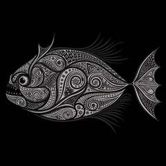 Piranha. Vector drawing of patterns on a black background