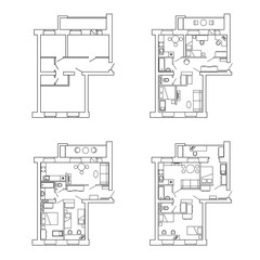 Plan apartments before and after redevelopment with furniture. Three variants of redevelopment.