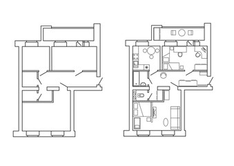 Plan apartments before and after redevelopment. Plan apartments before and after redevelopment with furniture.