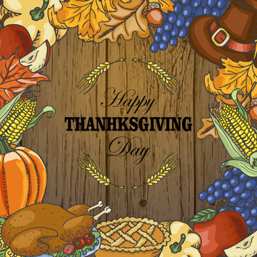 Thanksgiving background with acorns, leaves and inscription in the middle