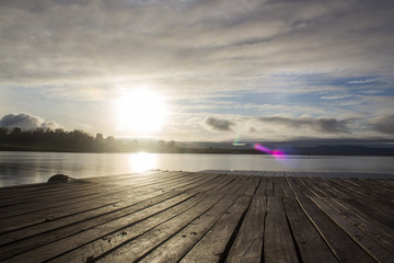 Fototapeta na wymiar wood pier and lake view background