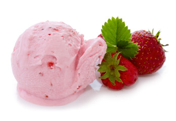 Ice cream and fresh red strawberries.