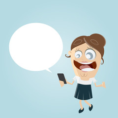happy businesswoman with smartphone and empty speech bubble