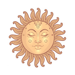 Golden Sun. Vector illustration in vintage engraving style