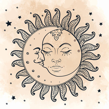 Sun and moon. Illustration in vintage style.
