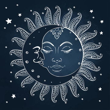 Sun and moon. Vintage engraving style.